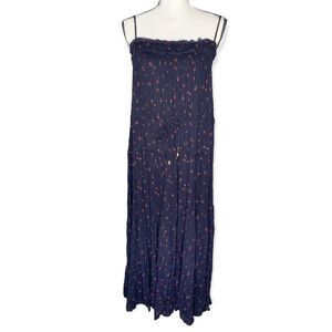 Free People Floral Rose Smocked Sleeveless Maxi Dress Blue Small Tie Waist